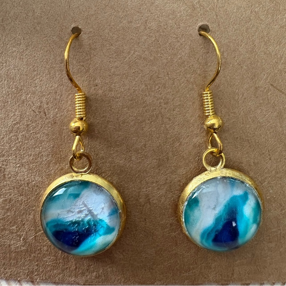 Handcrafted Gold Tone Blue and White Dangle Earrings